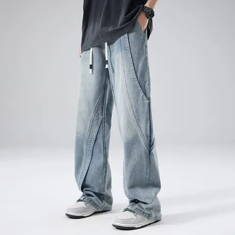 男生牛仔裤潮牌宽松直筒美式微喇炸街痞帅水洗潮流大码抽绳休闲裤图片