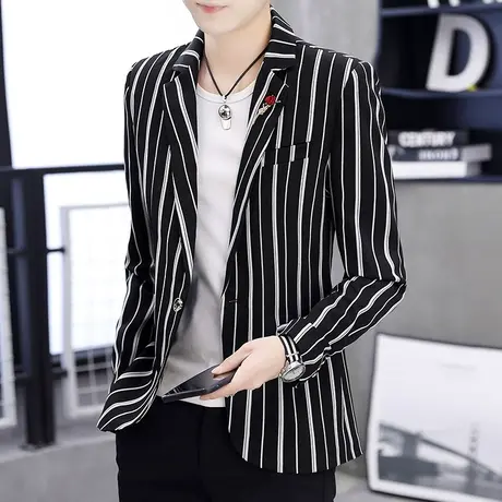 港士博小西装男长袖2022新款秋季薄款夹克外套韩版修身条纹西服潮商品大图