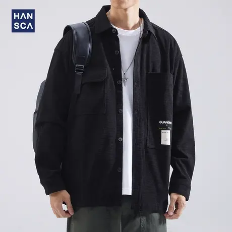 hansca华夫格衬衫长袖男纯色翻领春季新款休闲大码黑色工装外套男商品大图