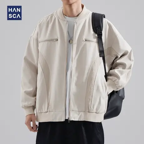 hansca美式复古双拉链棒球服外套男春秋季痞帅高级感宽松休闲夹克商品大图