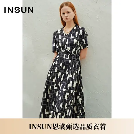 INSUN恩裳夏季弹力棉撞色几何印花V领连衣裙图片