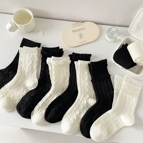 中筒袜女2024春款小众风黑白纯色学生无骨袜原宿风时尚百搭堆堆袜商品大图