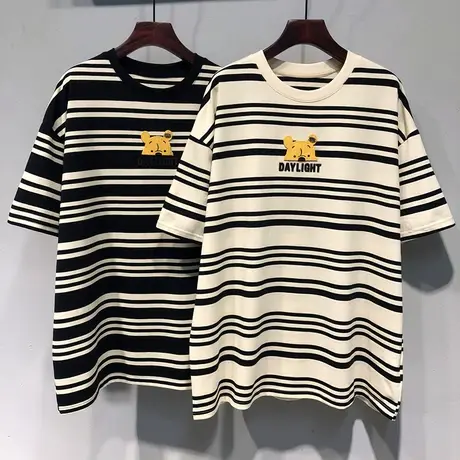 2024春装欧洲站新款宽松韩系中长款厚款ins小众横条纹短袖T恤女潮图片