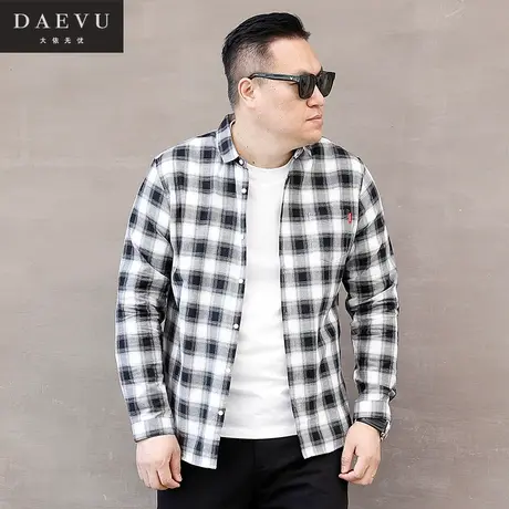 春秋新款黑灰格子韩版潮胖子大号加肥加大码男士长袖衬衫衬衣商品大图