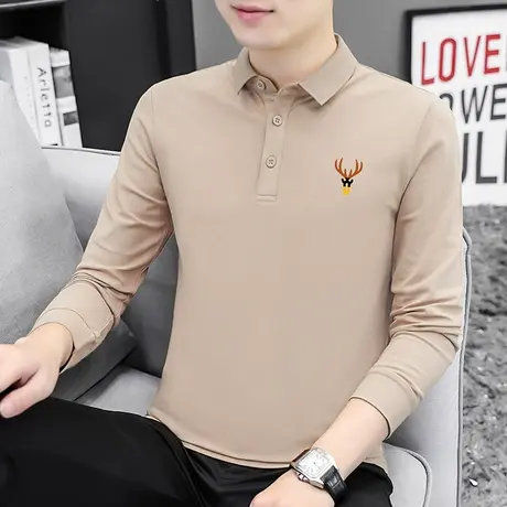翻领t恤男士长袖珠地棉polo衫潮牌潮流保罗带领打底衫鹿头秋衣服商品大图