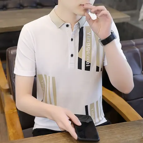 翻领POLO男短袖T恤2023新夏季潮流修身半袖男t休闲条纹男装上衣服商品大图