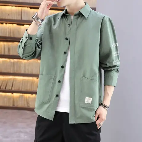 日系工装衬衫男士秋季新款潮牌宽松纯棉长袖衬衣外套潮流休闲上衣商品大图
