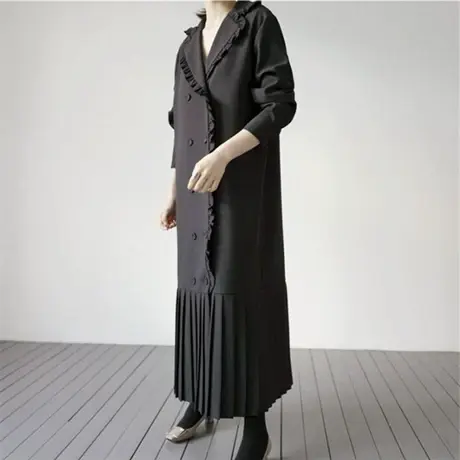 春秋新款西装连衣裙女中长款韩版宽松大码双排扣荷叶边休闲西服裙商品大图