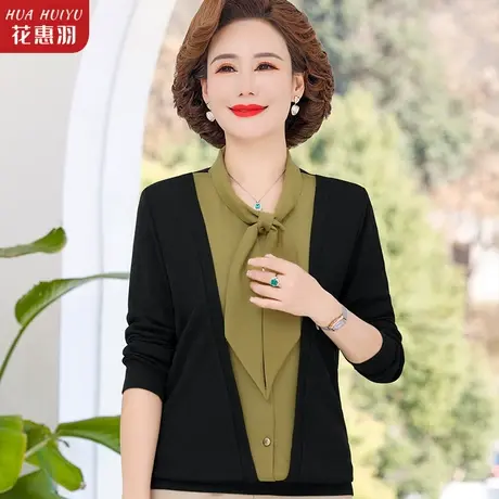新款妈妈春装洋气长袖小衫套装中老年人T恤中年女春秋打底衫上衣商品大图