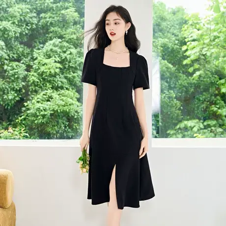 时尚气质短袖连衣裙2023年夏季新款淑女温柔方领显瘦中长款裙子图片