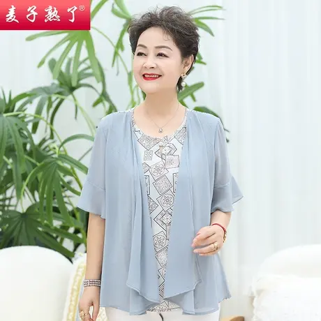 妈妈夏装2022款老人小衫雪纺上衣洋气奶奶装中老年女装假两件套装商品大图