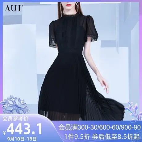 AUI赫本风黑色雪纺连衣裙女夏2023新款设计感小众蕾丝立领百褶裙图片