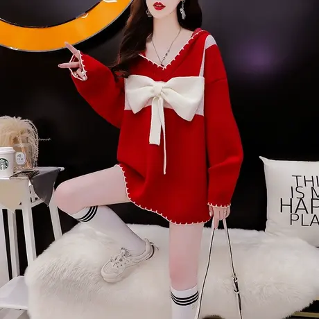 甜美日系小清新毛衣女2023新款秋冬洋气减龄宽松设计感大红色上衣图片