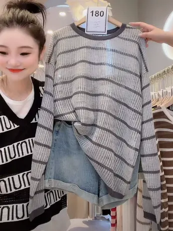 设计感撞色条纹防晒针织衫女夏2023新款竹节亚麻圆领洋气百搭上衣商品大图