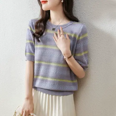 镂空条纹夏装女士t恤2023女装新款韩版短袖上衣宽松半袖针织体恤图片