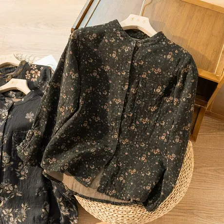 亚麻长袖衬衫女碎花文艺复古衬衣上衣女春秋寸衫显瘦宽松2022新款图片