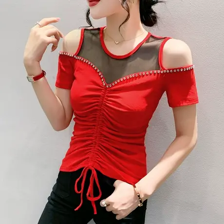 欧货性感露肩T恤女短袖时尚钉珠抽绳小衫夏装洋气网纱拼接上衣ins图片