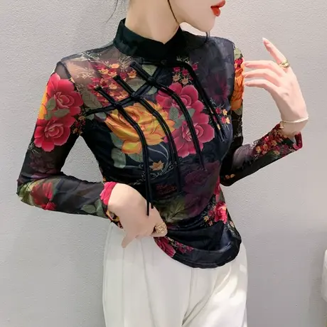 复古国风长袖T恤女秋季时尚设计感立领盘扣上衣气质网纱打底衫ins图片