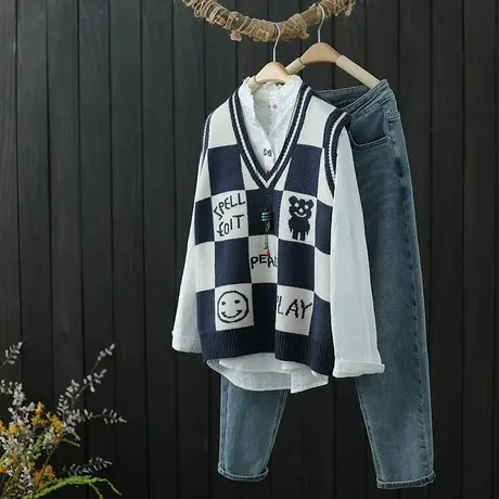 2023年春季新款提花格子针织马甲女V领无袖坎肩休闲宽松马夹背心商品大图