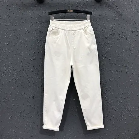 欧货简约休闲松紧高腰小脚老爹裤潮2023秋季新款显瘦牛仔哈伦裤女图片