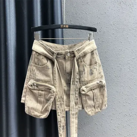 欧货立体口袋设计感工装短裙女23秋季新款时尚扎染高腰显瘦a字裙图片
