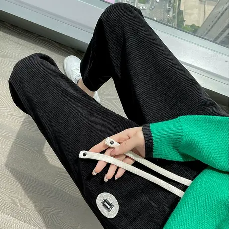 灯芯绒运动裤女九分2023年春秋新款高腰直筒宽松显瘦小个子萝卜裤商品大图