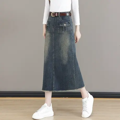 复古毛边牛仔半身裙女秋季2023新款设计感高腰显瘦a字包臀中长裙图片