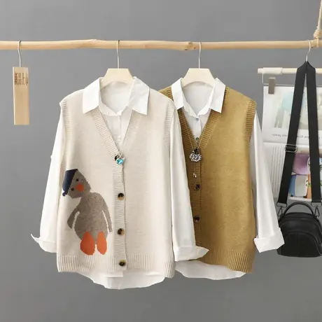 秋装新款短款V领针织开衫女无袖休闲马夹外搭马甲毛线坎肩背心潮图片