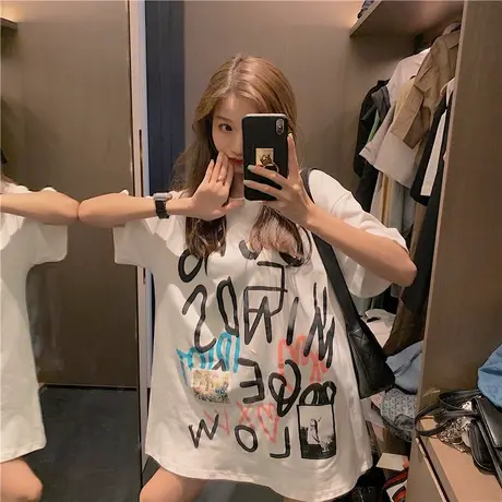 中长款短袖t恤女2022早春新款大码宽松韩版bf慵懒风ins半袖上衣服商品大图