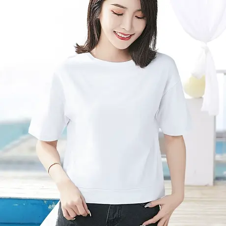 纯白色落肩短袖t恤女夏季短款宽松纯棉圆领体恤大码显瘦百搭上衣商品大图