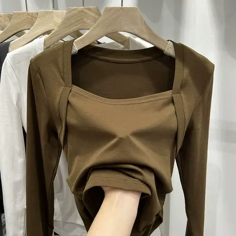 欧货设计感方领长袖t恤女早秋新款2022纯色修身打底衫小心机上衣商品大图