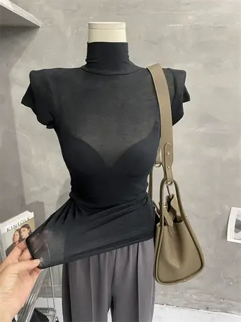 chao柔亲肤～薄透高领短袖T恤打底衫女性感紧身纯色上衣黑色新款图片