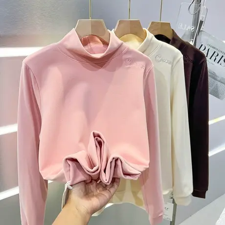 双面德绒磨毛半高领打底衫女秋冬季内搭加厚保暖长袖t恤修身上衣商品大图