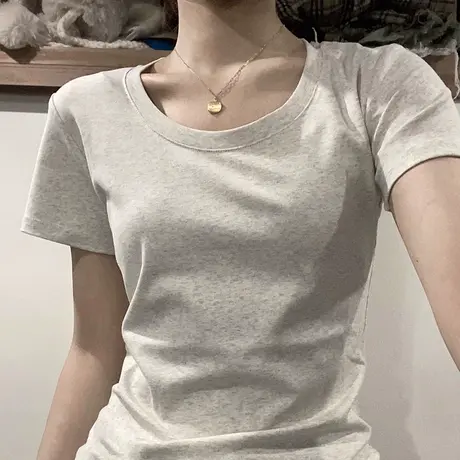 港味chic正肩短袖t恤女装夏季韩版修身百搭洋气纯棉复古上衣ins潮商品大图