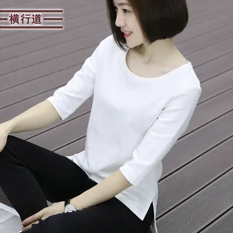 2023秋装纯棉开叉白色打底衫七分袖女装胖mmt恤妈妈大码中袖上衣商品大图