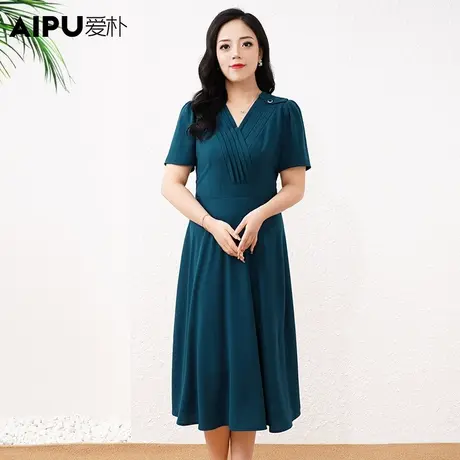 爱朴气质2023新款大码女装胖mm压褶连衣裙夏季遮肉修身显瘦裙子女商品大图