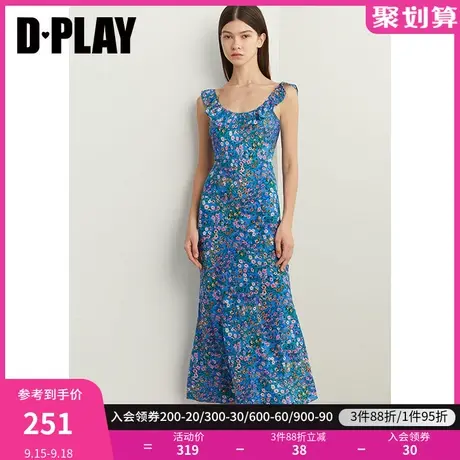 DPLAY2023夏新法式慵懒度假风蓝调碎花气质连衣裙沙滩吊带裙女图片