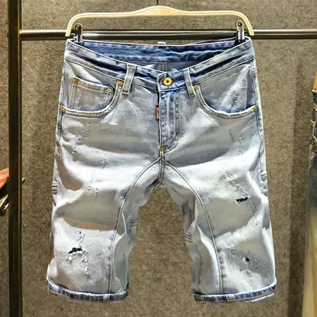 浅色拼接设计牛仔短裤男潮流破洞五分裤夏季百搭宽松直筒中裤薄款商品大图