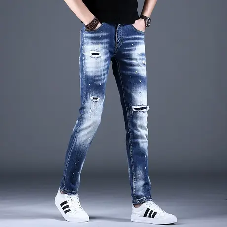 男士破洞补丁牛仔裤男潮牌春秋2023新款休闲裤子高端潮牌修身小脚商品大图