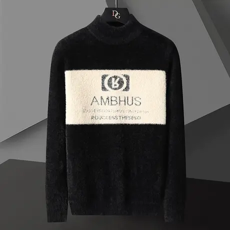 半高领毛衣男韩版修身黄金貂绒打底衫2021年秋季针织拼色线衣外套商品大图