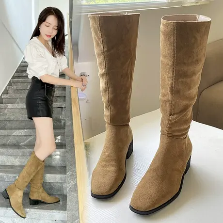 骑士靴女2023年粗跟秋冬款西部靴高筒薄款复古显瘦褶皱堆堆靴长靴图片