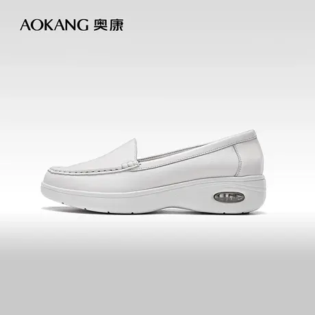 奥康女鞋 春秋款单鞋护士鞋职业办公室米白坡跟舒适软底商品大图
