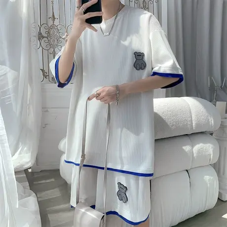 休闲运动套装男2024夏季薄款潮流时尚帅气一套搭配华夫格两件装男图片