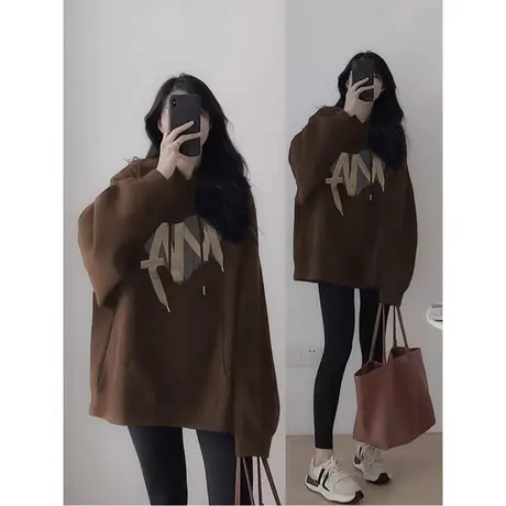 大码卫衣女胖妹妹春秋新款连帽加绒美拉德加厚宽松显瘦上衣200斤商品大图