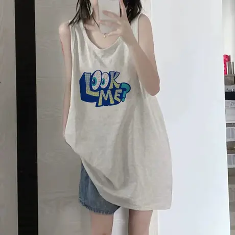 美式纯棉吊带坎肩背心无袖t恤女夏季设计感小众外穿宽松挂脖上衣图片