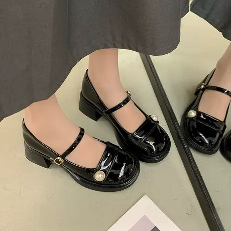 法式玛丽珍鞋女2024年新款黑色漆皮单鞋配裙子ins高级粗跟高跟鞋商品大图
