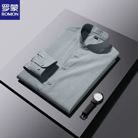 罗蒙中式立领衬衫上衣男士长袖衬衣休闲商务男装条纹帅气春季新款商品大图
