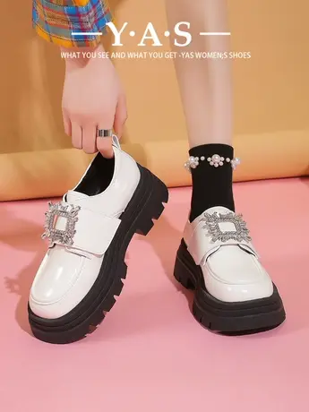 厚底乐福鞋女2024新款高级感水钻粗跟黑色小皮鞋春秋英伦玛丽珍鞋商品大图