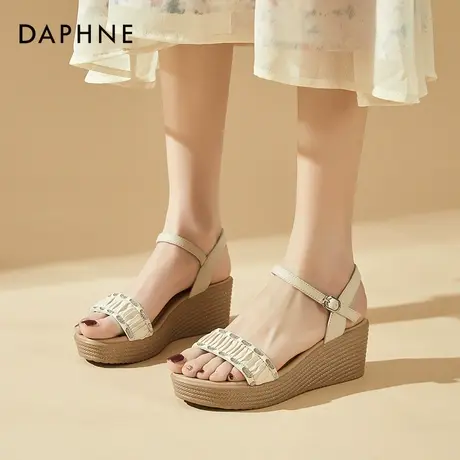 达芙妮真皮坡跟凉鞋女2023夏季新款仙女风厚底增高一字式扣带女鞋图片