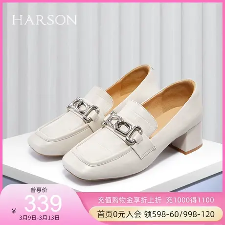 哈森新款休闲粗跟方头乐福鞋商务通勤饰扣满邦秋女单鞋HL222518商品大图